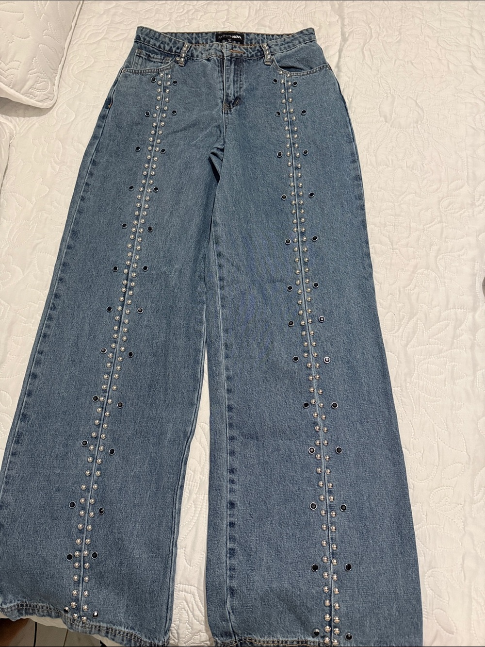 Fashion Nova Blue Studded Wide-Leg Jeans